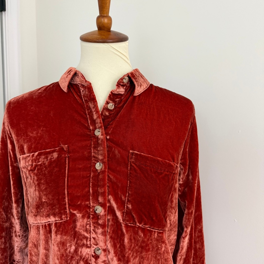 Pilcro The Hadley Velvet Relaxed‎ Button Down Shirt Burnt Orange Women's XS - Picture 2 of 11